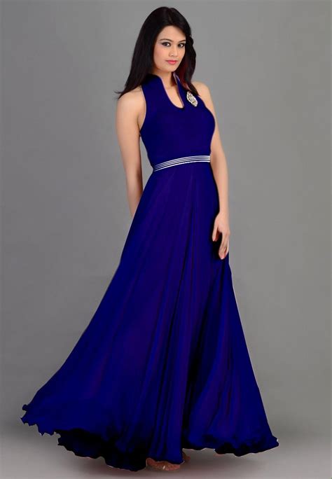 Gaun Blue Fashion Blue Faux Georgette Plain Anarkali Gown Dress Material