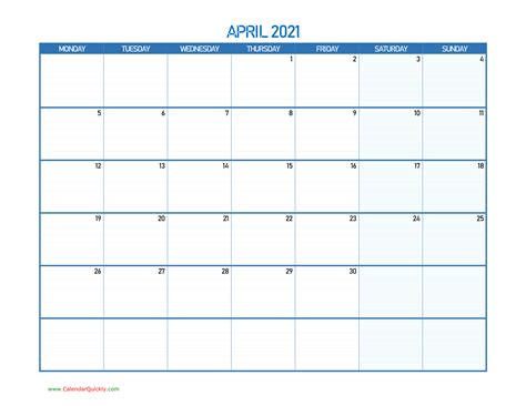 April Monday 2021 Blank Calendar Calendar Quickly