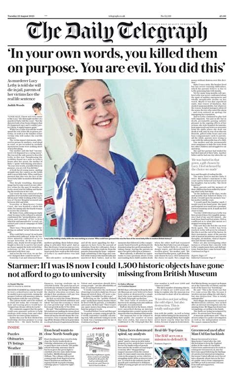 Daily Telegraph Front Page 22nd Of August 2023 Tomorrows Papers Today
