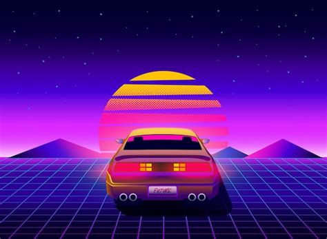 Vue Arrière Futuriste Rétro Supercar Des Années 80 Sur Synthwave à La