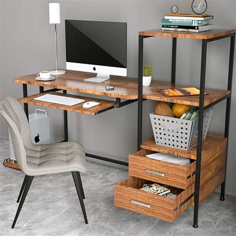 Mecor Computer Desk With 2 Drawers Modern Writing Desk With Bookshelf