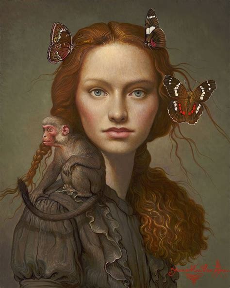 A Painting Of A Woman With Butterflies On Her Head And A Monkey On Her