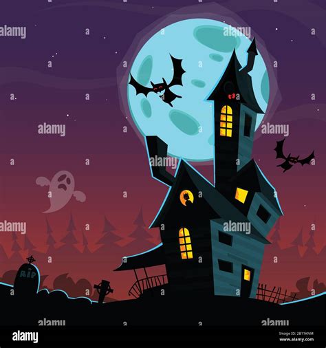 Cartoon Scary Haunted House Halloween Vector Background Illustration