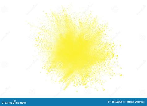 Abstract Yellow Dust Explosion On White Background Stock Photo Image