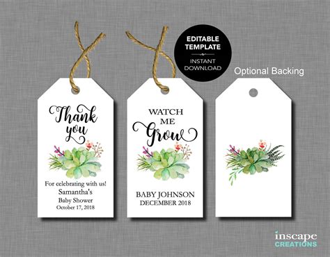 Downloads are subject to this site's term of use. Baby Shower Favor Tags EDITABLE TEMPLATE Succulents Watch Me