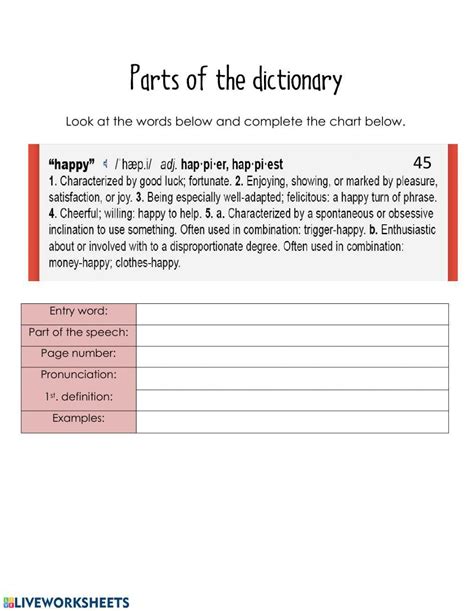 Parts Of The Dictionary Worksheet Live Worksheets