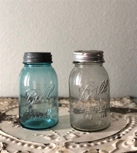 Vintage Ball Mason Jars Aqua Blue And Clear Quart Antique Zinc Etsy