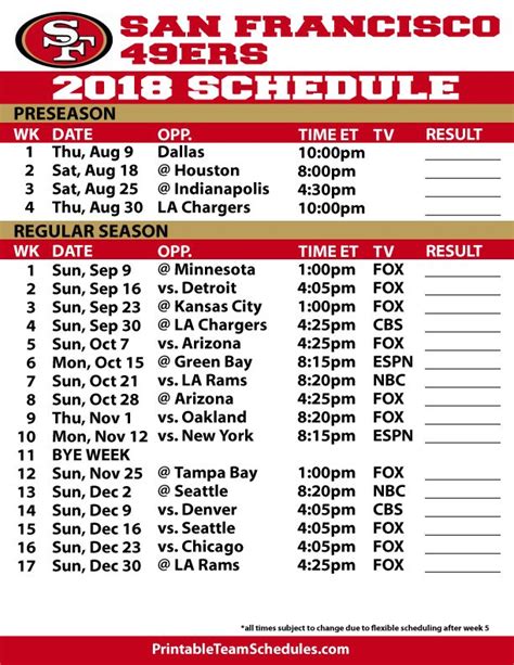 2018 19 San Francisco 49ers Printable Schedule 49ers Printable Schedule