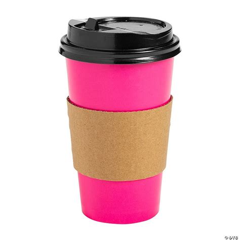 A Pink Coffee Cup Sitting On Top Of A Brown Paper Wrapper With A Black Lid