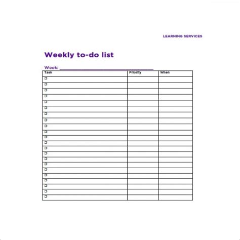 Weekly Task List Task List Templates