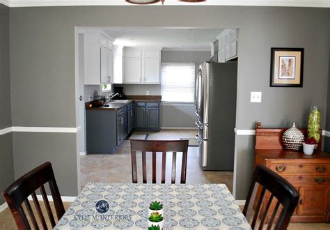 She also updated her kitchen countertops added a tile backsplash. Benjamin Moore Chelsea Gray in dining room with chair rail. White kitchen cabinets with gray ...