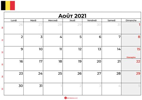 Calendrier 2021 gratuit indiquant les jours fériés et les vacances scolaires. Télécharger Calendrier Aout 2021 Belgique