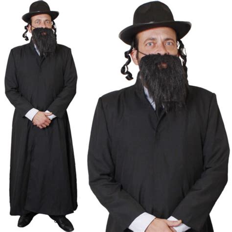 Mens Rabbi Costume Long Coat Hat With Sideburns Beard Jewish Fancy