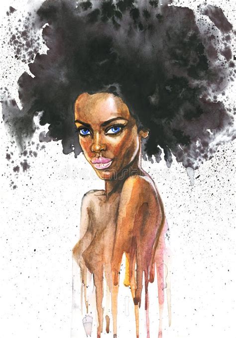 Hand Drawn Beauty African Woman With Splashes Watercolor Abstract Portrait Of G Sponsored