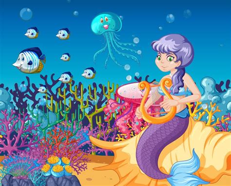 Set Of Sea Animals And Mermaid Cartoon Character On Sea Background