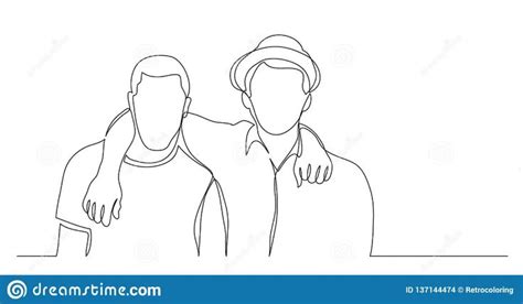 Two Hugging Friends Standing Together One Line Drawing Stock