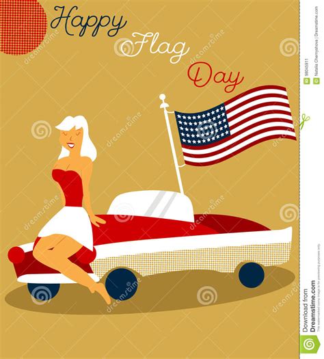 Holiday Vintage Poster With Pin Up Girl Cadillac And American Flag For