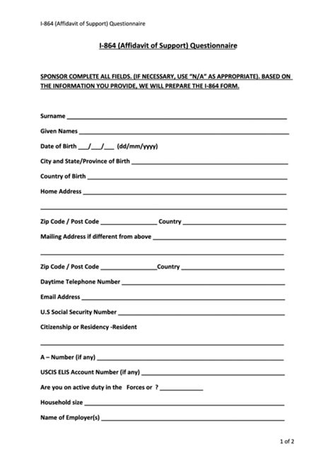 I 864 Affidavit Of Support Questionnaire Form Printable Pdf Download