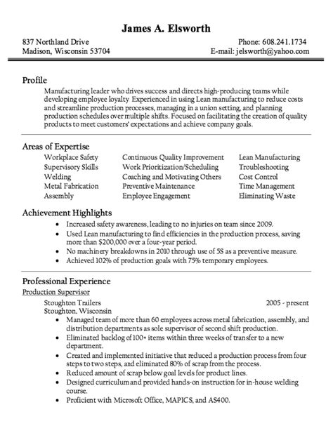 Key personal facts, past relevant work experience, education, skills, and referees' contact information. Production Supervisor Resume Sample | Resume writing ...
