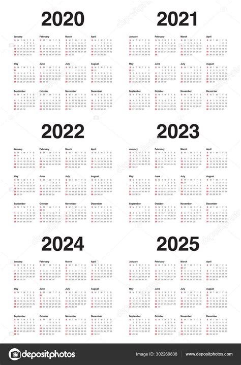 Année 2020 2021 2022 2023 2024 2025 Calendrier Vectoriel Design Templa