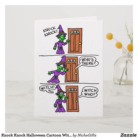Trick or treat! who's there? Knock Knock Halloween Cartoon Witch Kids Greeting Card ...
