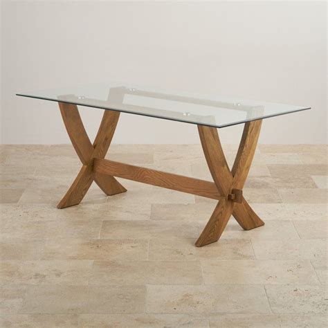 Reflection 6ft X 3ft Glass Top And Rustic Solid Oak Crossed Leg Dining