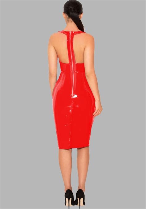 Red Pu Leather Backless Halter Neck V Neck Latex Bodycon Clubwear Party Midi Dress Midi