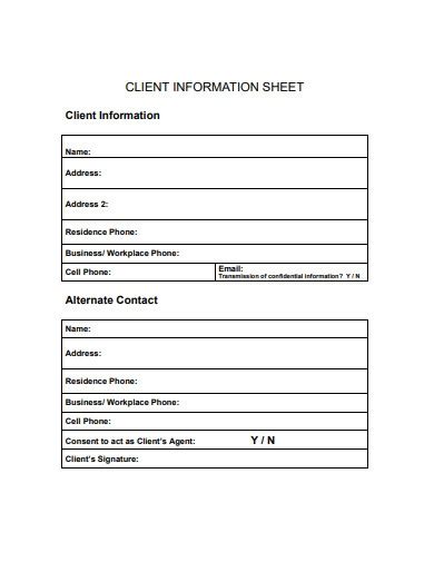 Printable Client Information Sheet Examples Format Pdf Examples
