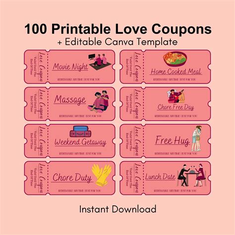 Printable Love Coupons For Him And Her Couple Coupons Valentines Day Gift Romantic