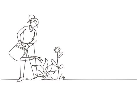 Single One Line Drawing Lovely Young Woman Or Gardener Taking Care Of