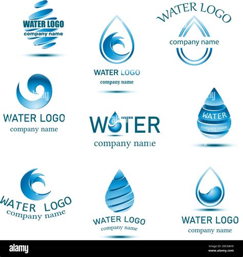 Vector Blue Mineral Water Logo Collection With Drops And Waves Stock