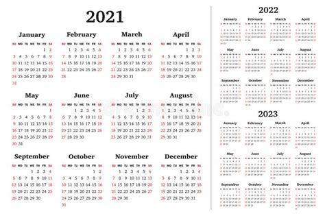 Vector Calendar For 2021 2022 2023 Years Week Starts Sunday Stock