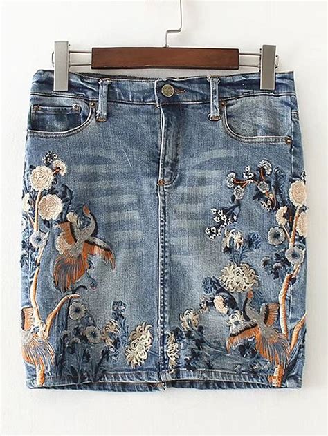 Shop Embroidery Denim Bodycon Skirt Online SheIn Offers Embroidery