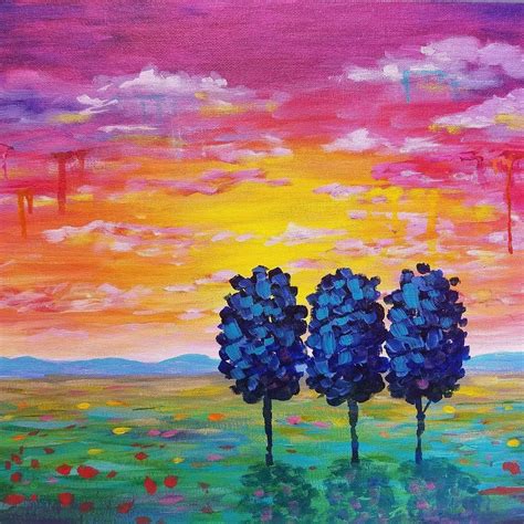 Easy Sunset Landscape Drip Trees Live Beginner Acrylic