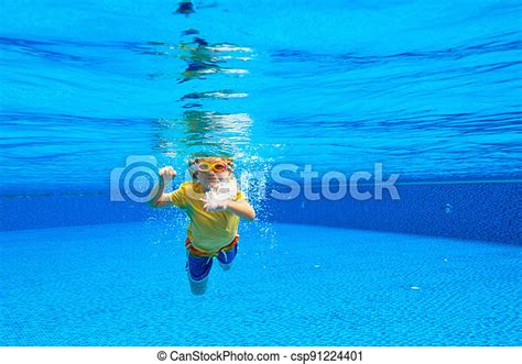 Child Underwater In Swimming Pool Kids Swim Little Boy Diving Under