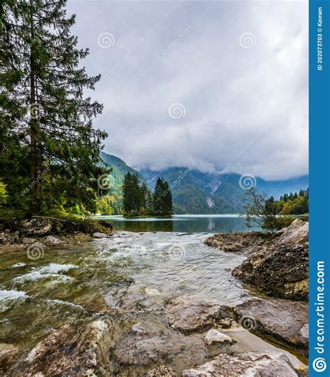 Waterfall From The Lake Di Predil Stock Image Image Of Italy Alpine