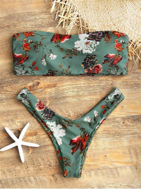 Zaful Womens Strapless Floral Print Bandeau Thong Bikini Set Summer