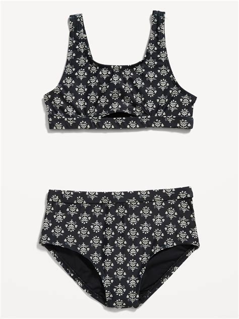 old navy patterned scoop neck bikini swim set for girls black