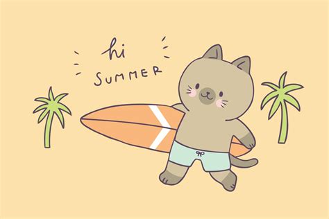 Cartoon Cute Summer Cat And Surfing Vector 546347 Vector Art At Vecteezy