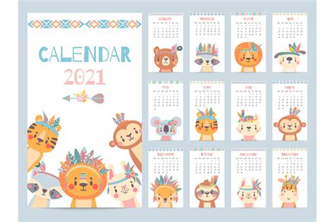Make a personalized diy 2021 photo calendar in about half an hour. Tribal animal calendar. Monthly 2021 calendar with cute ...