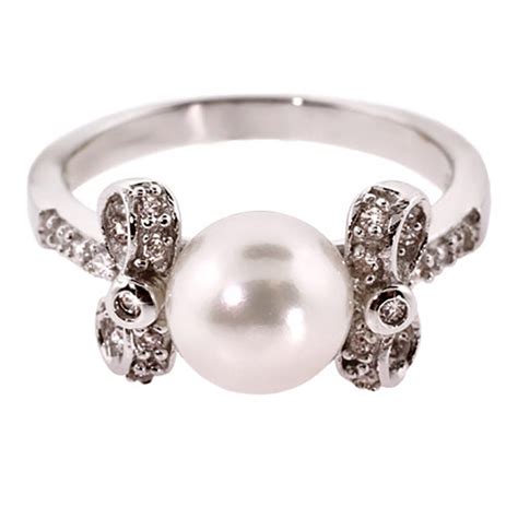 Pretty Pearl Sterling Silver Ring With Cz Bows Eves Addiction