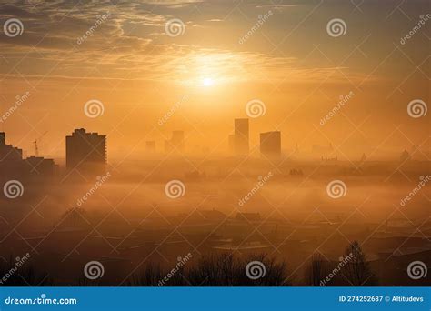 Smoggy Morning With Sun Rising Over City Skyline Stock Illustration