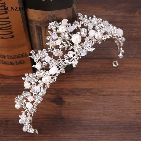 Silver Crystal Bridal Tiara With Pearls Headband Wedding Crown