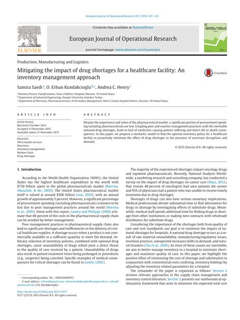 Inventory management within the organization is an important part of reducing total costs. (PDF) Mitigating the Impact of Drug Shortages for a ...