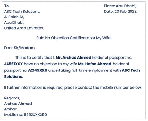 Noc Letter From Husband To Wife For Job
