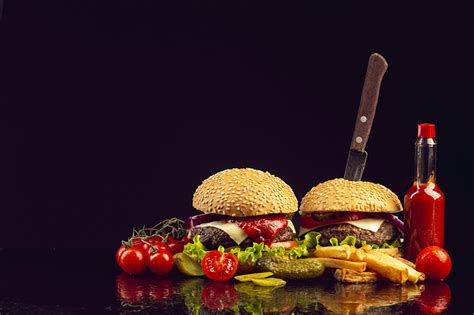 Wallpaper Knife Tomatoes Hamburger French Fries Buns Fast Food Food