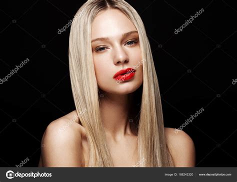 Beauty Portrait Model With Shiny Blonde Hairstyle Stock Photo By
