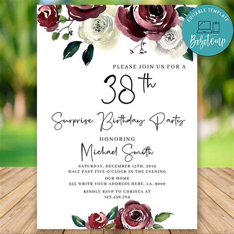 Editable Surprise 38th Women Birthday Invitation Instant Download
