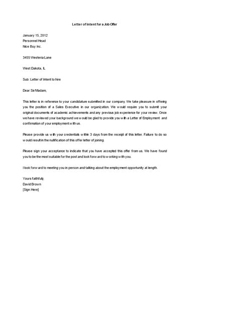 Job Offer Letter Of Intent Templates At