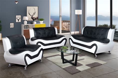 3 Piece Living Room Sofa Set Sofaloveseatchair Black And White Color